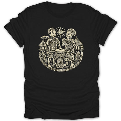Illustration of two children with traditional African clothing and a drum.