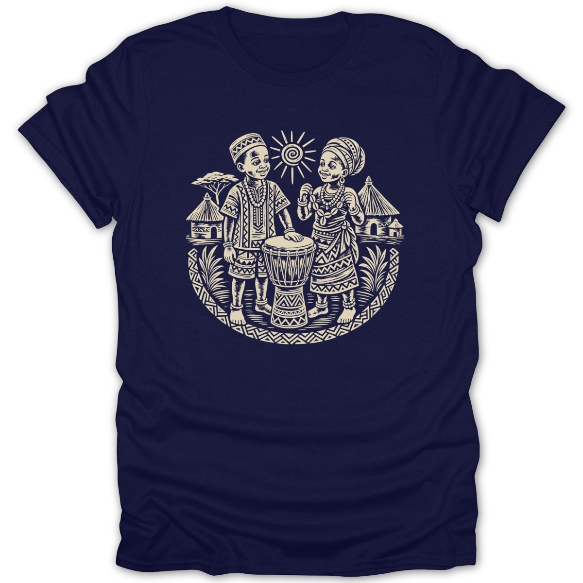 Illustration of children with a drum in an African village setting on a navy t-shirt.