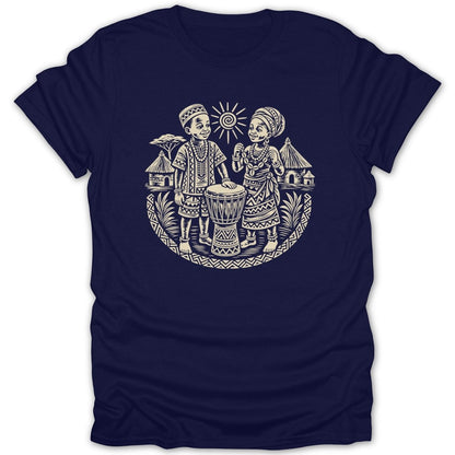 Illustration of children with a drum in an African village setting on a navy t-shirt.