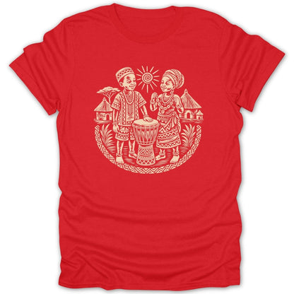 Red t-shirt with graphic of two children, a drum, huts, and sun.