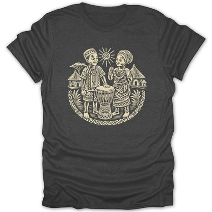 Illustration of two children with a drum in traditional African attire under a sun.