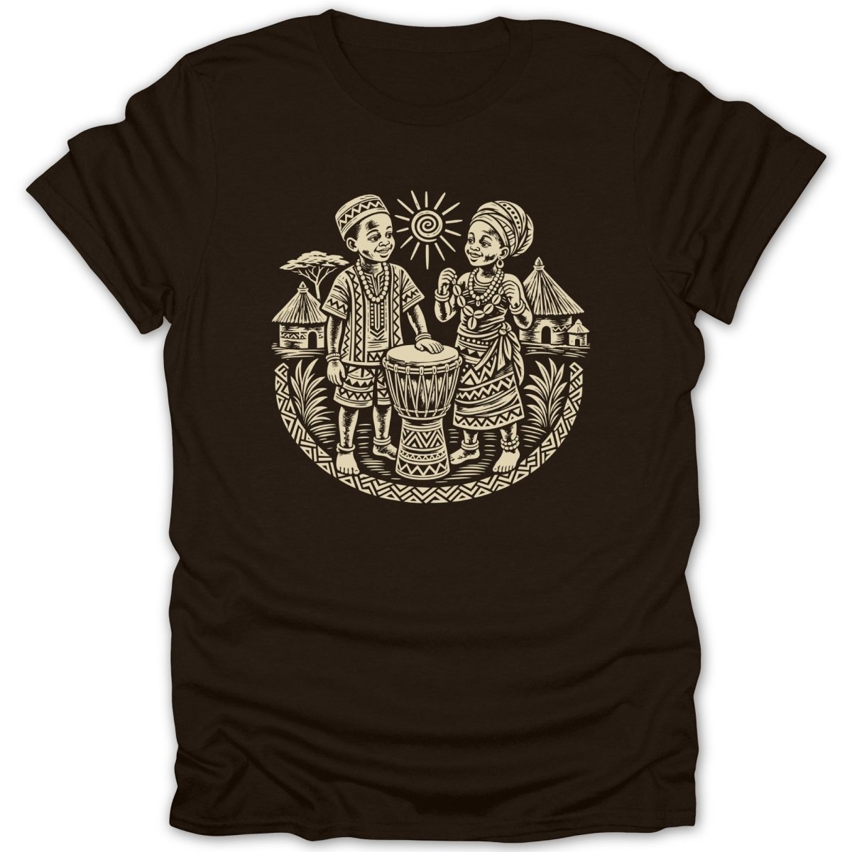 Two children in traditional African attire stand with a drum in front of huts and a sun.