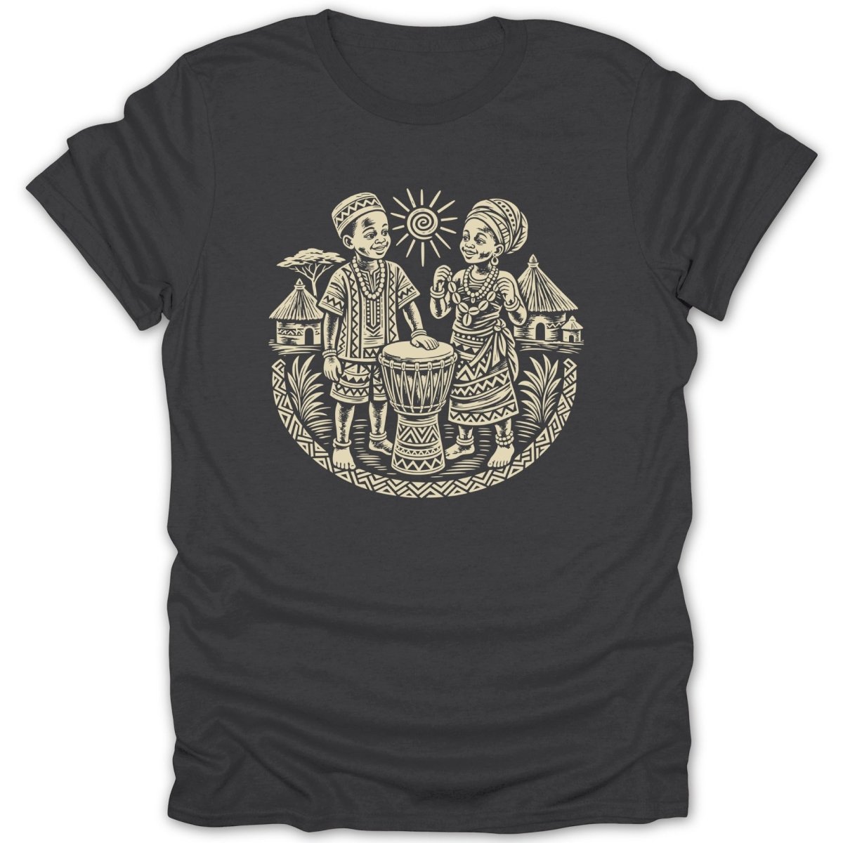 Traditional African children with drum, huts, and sun in circular ethnic pattern.