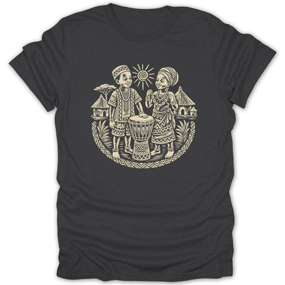 Traditional African children with drum, huts, and sun in circular ethnic pattern.