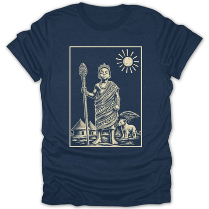 Illustration of a young king holding a staff with a lion and village in the background.
