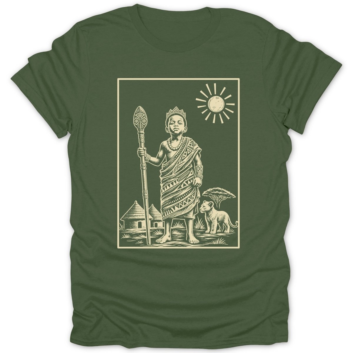 Illustration of a crowned child in traditional clothing holding a staff next to a lion.