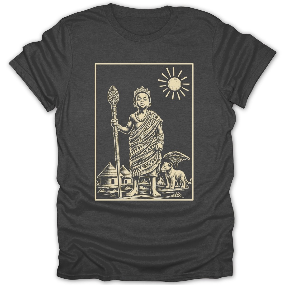 Illustration of a crowned boy in traditional clothing holding a staff next to a lion.
