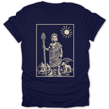 Line art depicts a crowned African child with a staff, a lion, and huts under a sun.