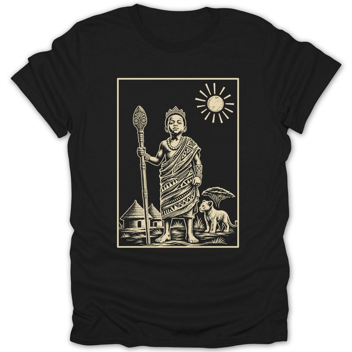 Black t-shirt with line drawing of a crowned boy with staff, huts, lion, and sun.