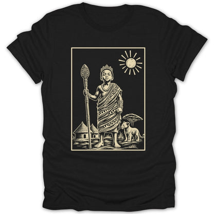Black t-shirt with line drawing of a crowned boy with staff, huts, lion, and sun.