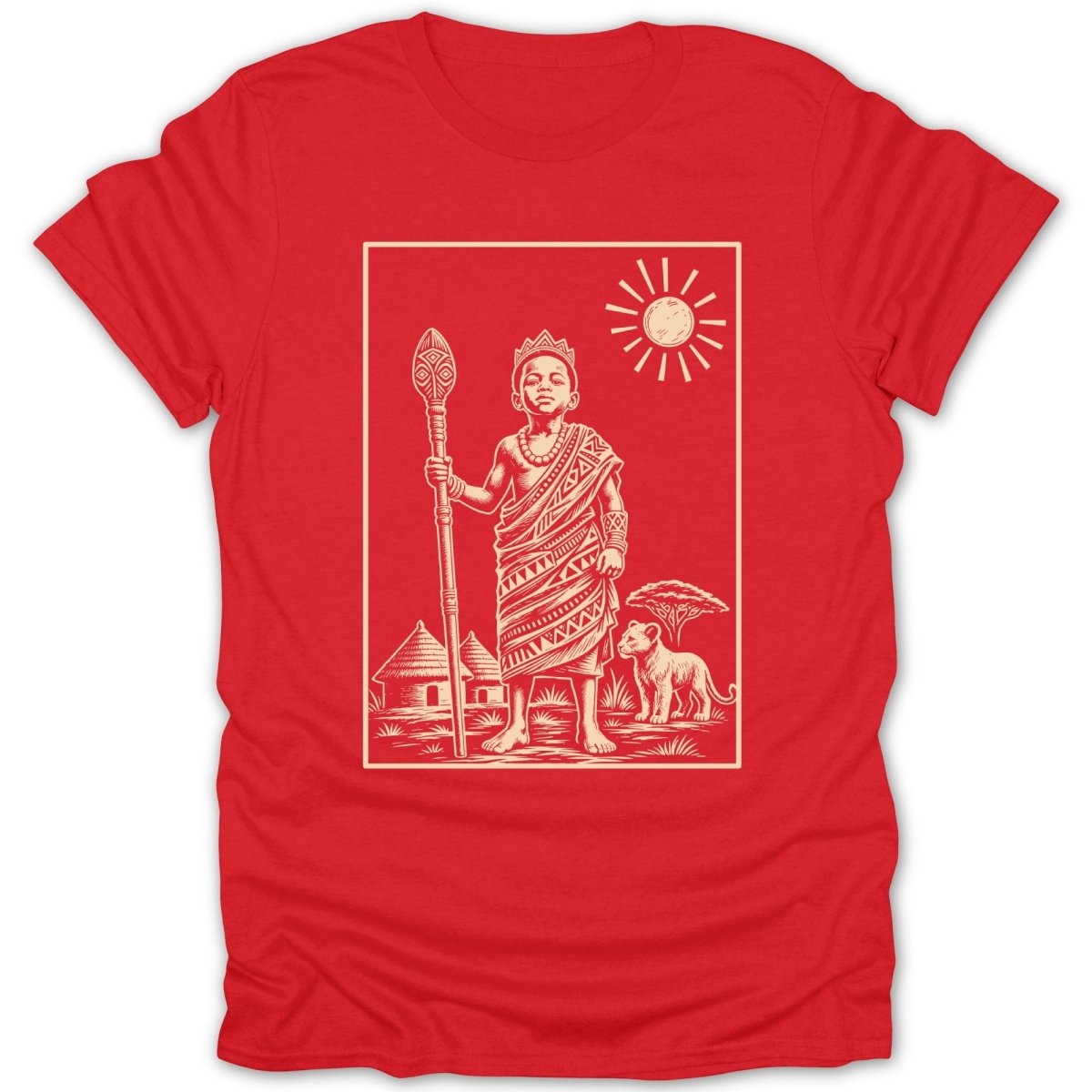 Child in crown and traditional garb holds spear with lion and village under sun.