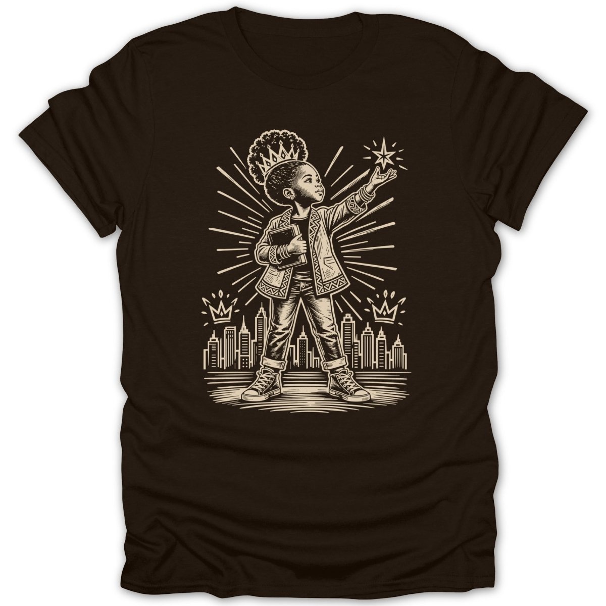 Illustration of a child with a crown reaching for a star with city skyline.