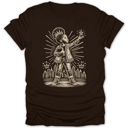 Illustration of a child with a crown reaching for a star with city skyline.