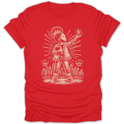 Red t-shirt with outline graphic of child reaching for star over cityscape.
