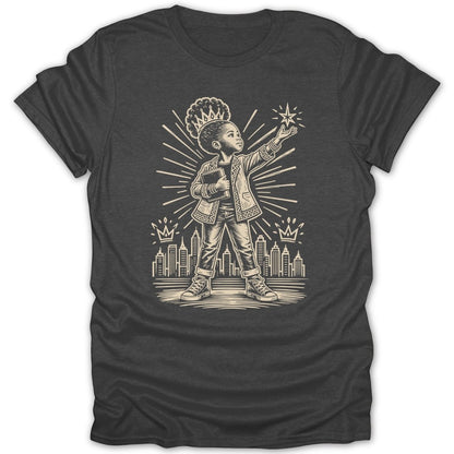Child wearing a crown, holding a book, reaching for a star over a city skyline.
