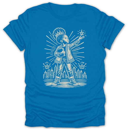 Line art of a crowned child reaching for a star above a city skyline.