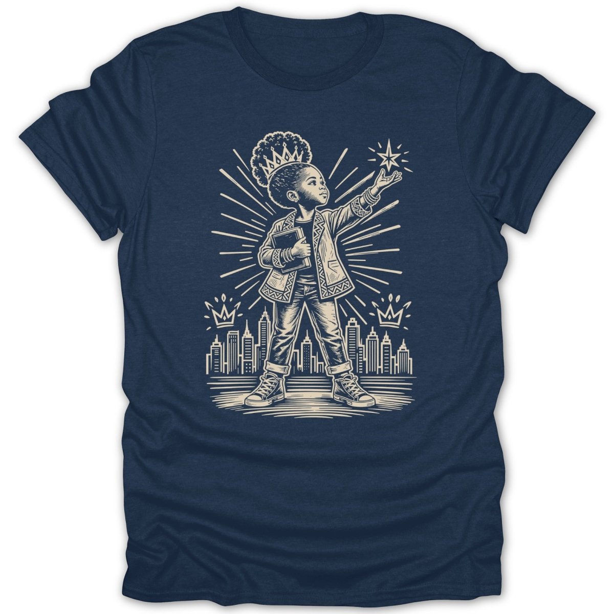 Sketch of child wearing crown and holding book, reaching for star over city skyline.