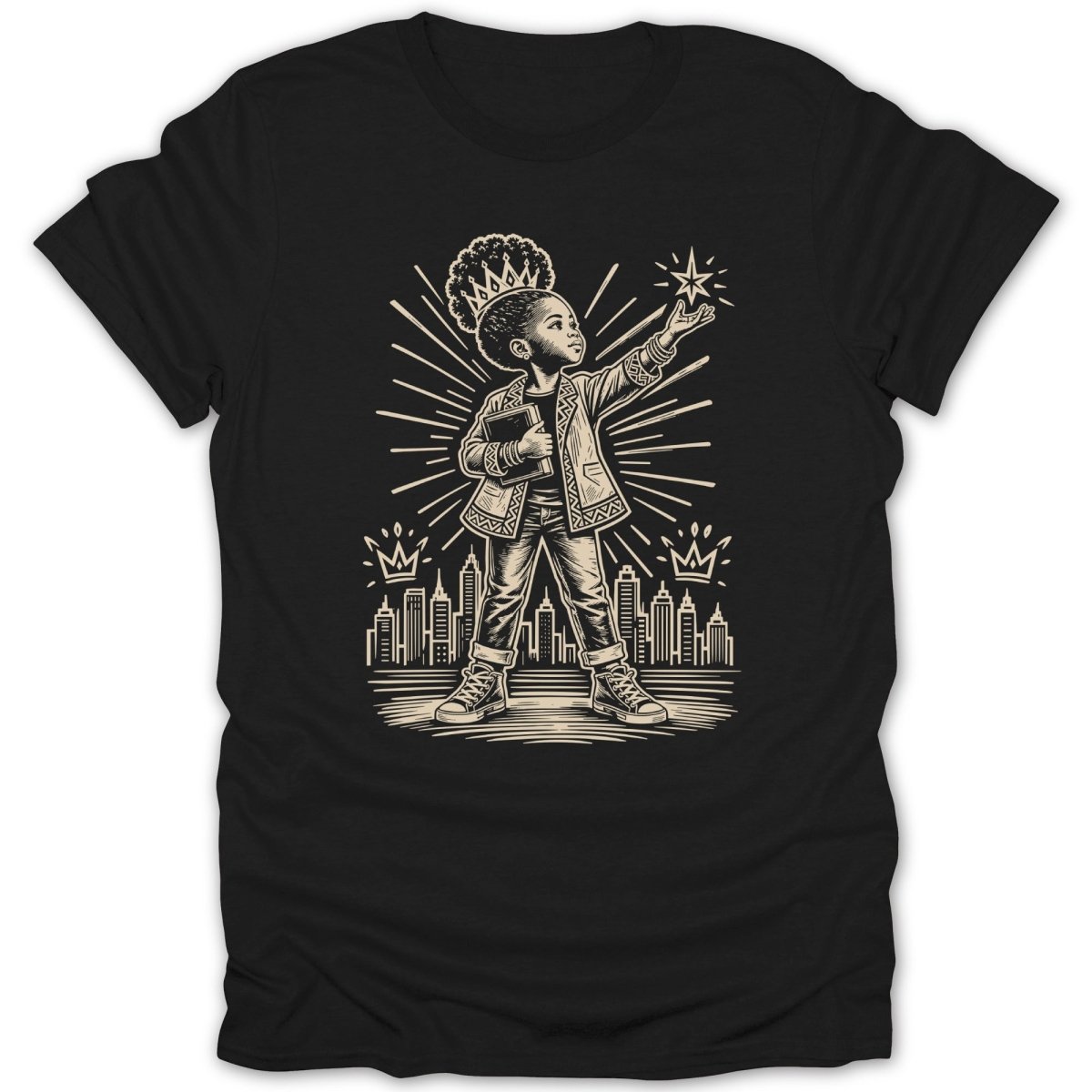 Black t-shirt with a graphic of a crowned child pointing to a star above a cityscape.