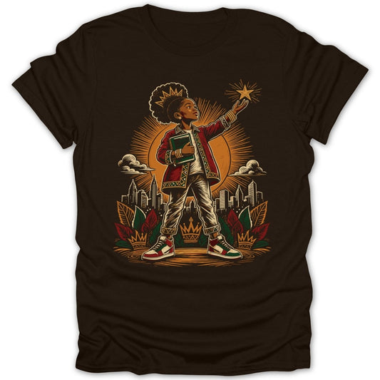 Illustration of a girl holding a book reaching for a star with a city background.