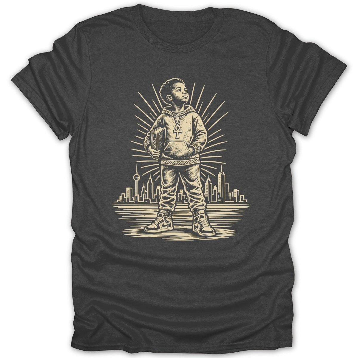 Illustration of a boy holding a book with an ankh pendant standing in front of a city skyline.