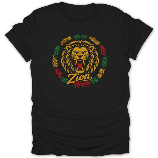 Black t-shirt with roaring lion and text "Zion Roars" and leaf wreath.