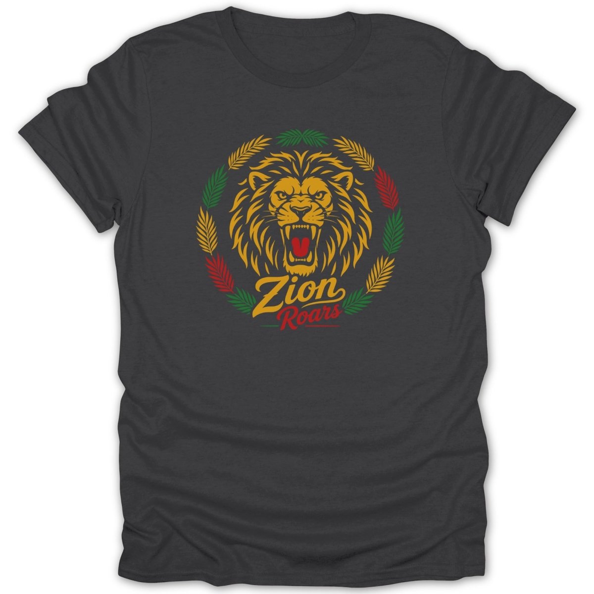 Dark grey t-shirt with a lion's head and "Zion Roars" text design.