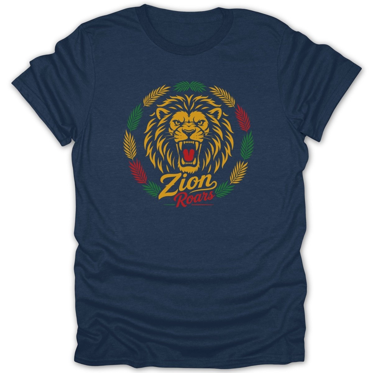 Navy t-shirt with a roaring lion surrounded by red, green, and yellow leaves and the text "Zion Roars".
