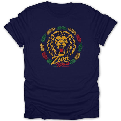 Navy t-shirt with a roaring lion and "Zion Roars" text.