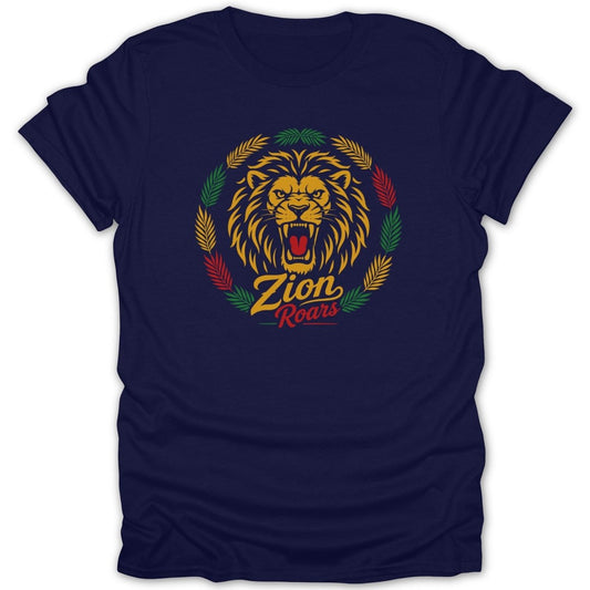 Navy t-shirt with a roaring lion and "Zion Roars" text.
