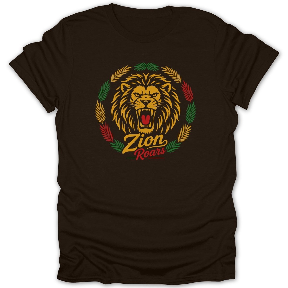 Brown t-shirt with a roaring lion head graphic encircled by red, green, and yellow leaves.